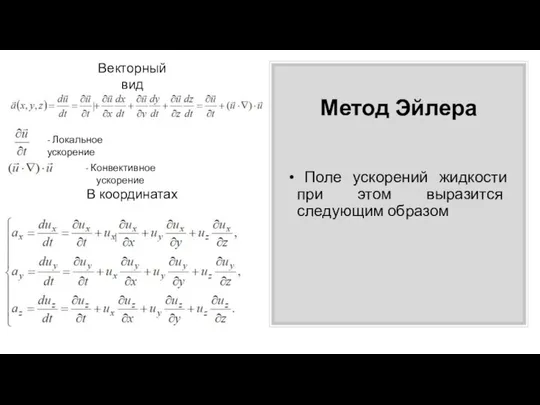 Метод Эйлера Поле ускорений жидкости при этом выразится следующим образом Векторный