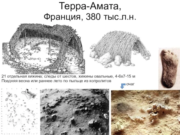 Терра-Амата, Франция, 380 тыс.л.н. 21 отдельная хижина; следы от шестов, хижины