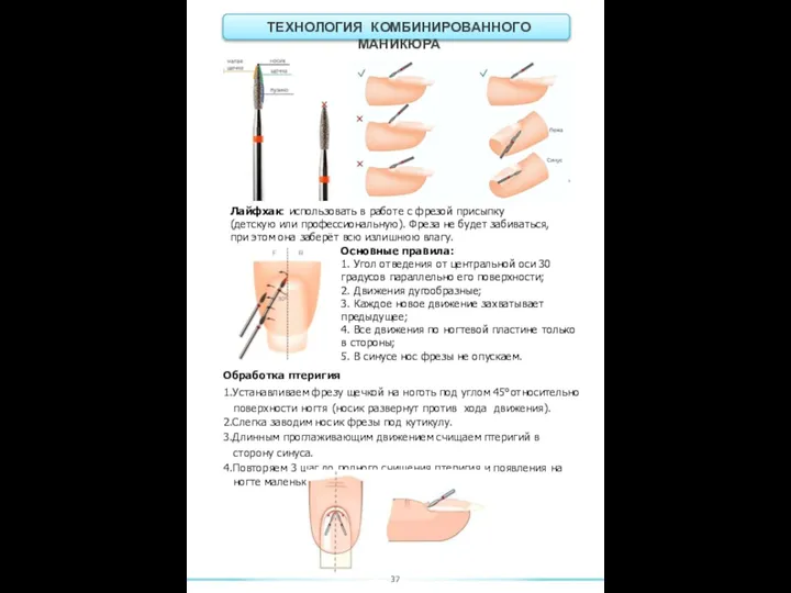 37 ТЕХНОЛОГИЯ КОМБИНИРОВАННОГО МАНИКЮРА Основные правила: 1. Угол отведения от центральной