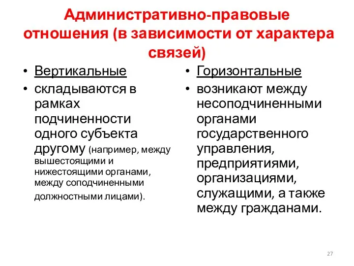 Административно-правовые отношения (в зависимости от характера связей) Вертикальные складываются в рамках