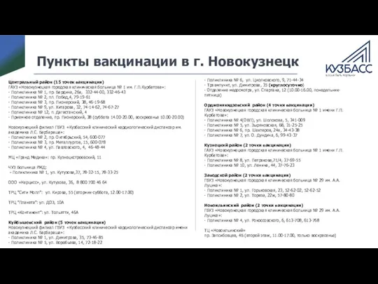 Пункты вакцинации в г. Новокузнецк Центральный район (15 точек вакцинации) ГАУЗ
