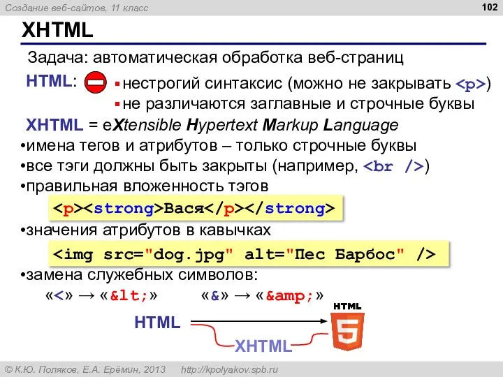 XHTML Задача: автоматическая обработка веб-страниц HTML: нестрогий синтаксис (можно не закрывать