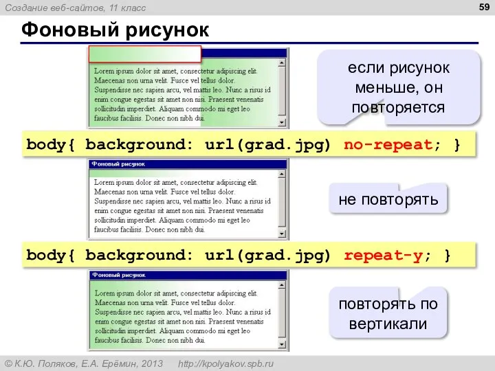 Фоновый рисунок body{ background: url(grad.jpg) no-repeat; } body{ background: url(grad.jpg) repeat-y;