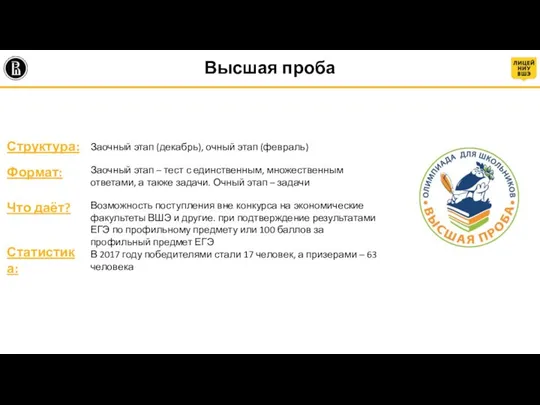 Высшая проба Структура: Заочный этап (декабрь), очный этап (февраль) Формат: Заочный