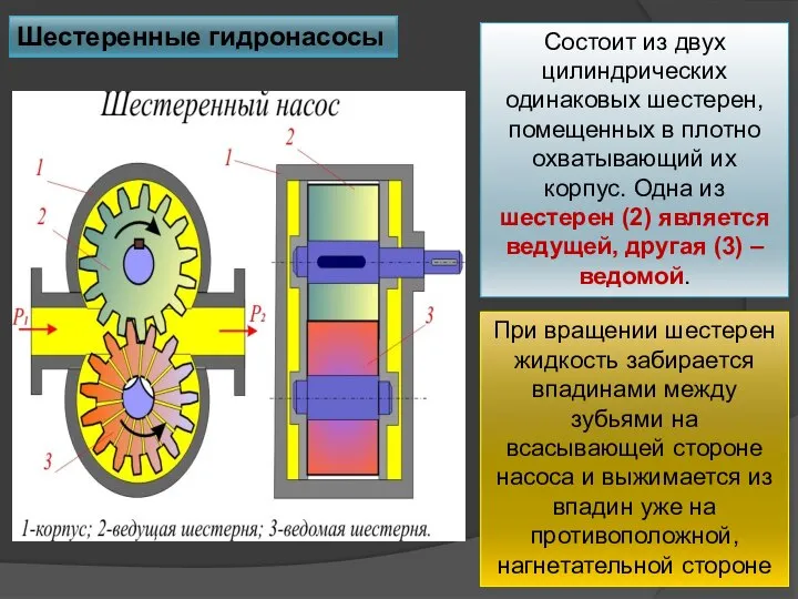 Шестеренные гидронасосы Состоит из двух цилиндрических одинаковых шестерен, помещенных в плотно