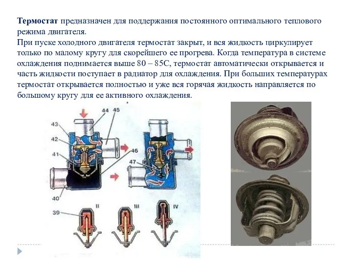 Термостат предназначен для поддержания постоянного оптимального теплового режима двигателя. При пуске