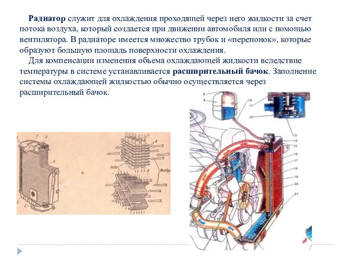 Радиатор служит для охлаждения проходящей через него жидкости за счет потока