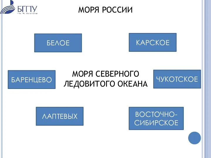 МОРЯ СЕВЕРНОГО ЛЕДОВИТОГО ОКЕАНА КАРСКОЕ ВОСТОЧНО- СИБИРСКОЕ БАРЕНЦЕВО БЕЛОЕ ЧУКОТСКОЕ ЛАПТЕВЫХ МОРЯ РОССИИ