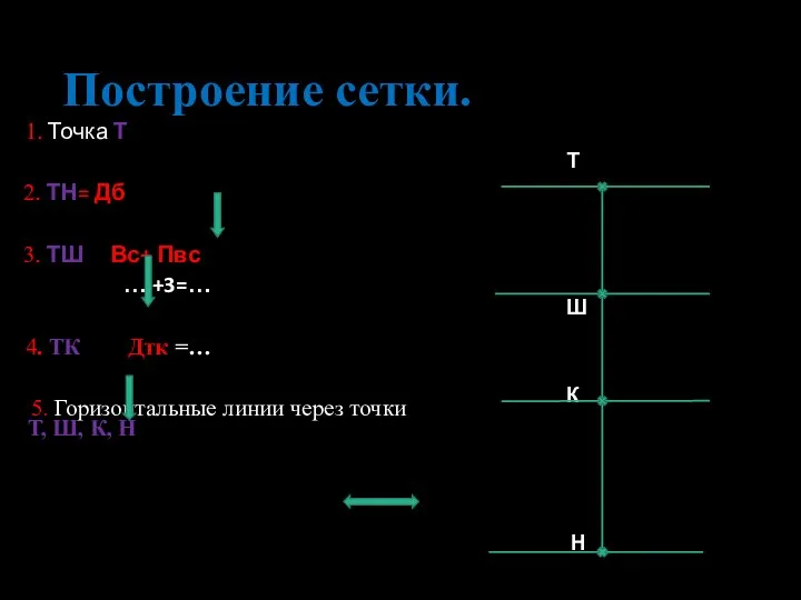 Построение сетки. 1. Точка Т 2. ТН= Дб 3. ТШ Вс+