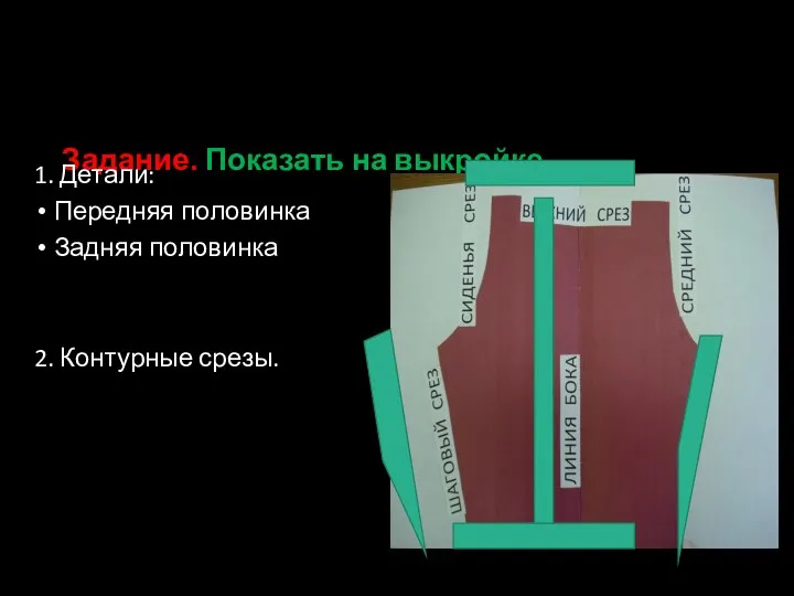 Задание. Показать на выкройке. 1. Детали: Передняя половинка Задняя половинка 2. Контурные срезы.