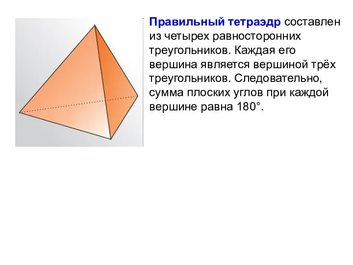 Правильный тетраэдр составлен из четырех равносторонних треугольников. Каждая его вершина является