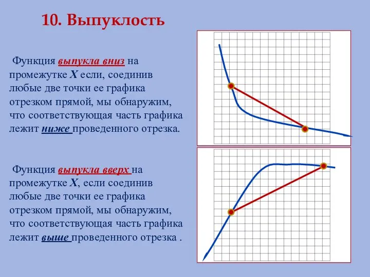 10. Выпуклость Функция выпукла вниз на промежутке Х если, соединив любые