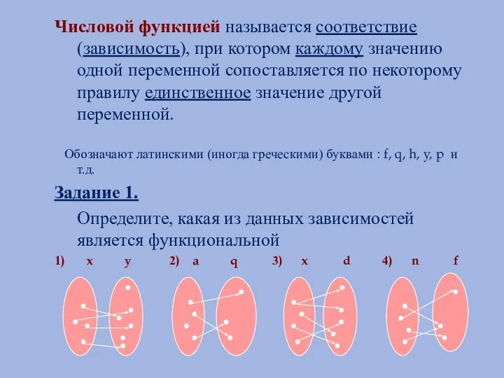 Числовой функцией называется соответствие (зависимость), при котором каждому значению одной переменной