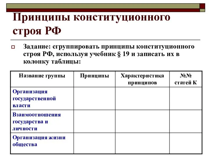 Принципы конституционного строя РФ Задание: сгруппировать принципы конституционного строя РФ, используя