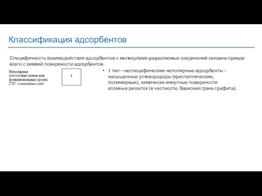 Классификация адсорбентов 1 тип – неспецифические неполярные адсорбенты – насыщенные углеводороды