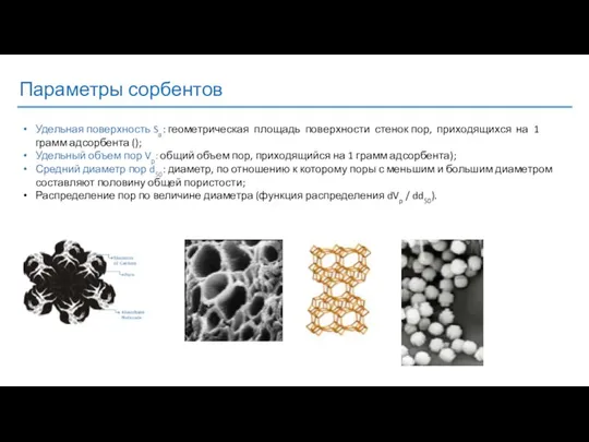 Параметры сорбентов Удельная поверхность Sа: геометрическая площадь поверхности стенок пор, приходящихся
