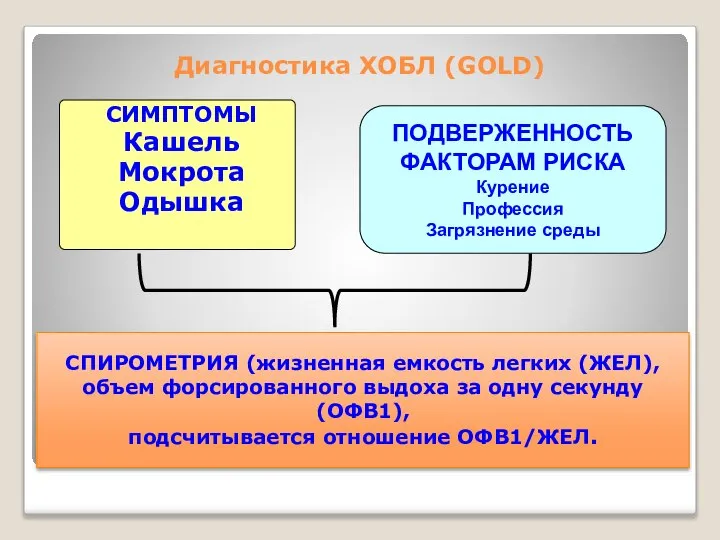 Диагностика ХОБЛ (GOLD) СИМПТОМЫ Кашель Мокрота Одышка ПОДВЕРЖЕННОСТЬ ФАКТОРАМ РИСКА Курение