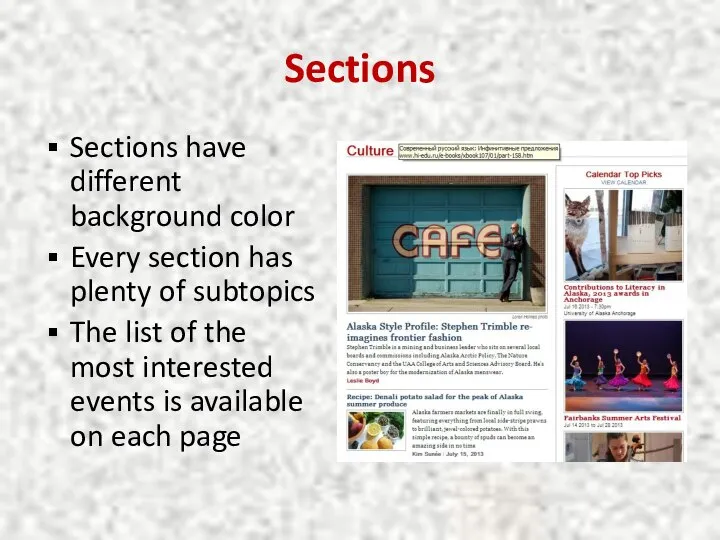 Sections Sections have different background color Every section has plenty of