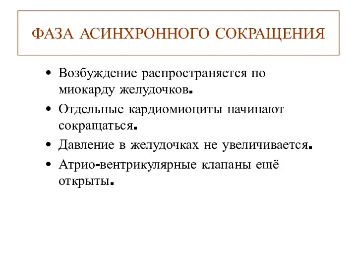 ФАЗА АСИНХРОННОГО СОКРАЩЕНИЯ Возбуждение распространяется по миокарду желудочков. Отдельные кардиомиоциты начинают