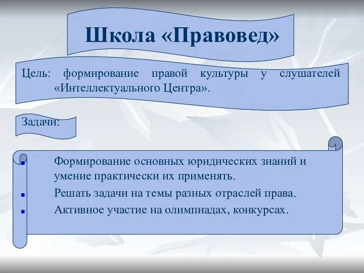 Школа «Правовед» Цель: формирование правой культуры у слушателей «Интеллектуального Центра». Задачи: