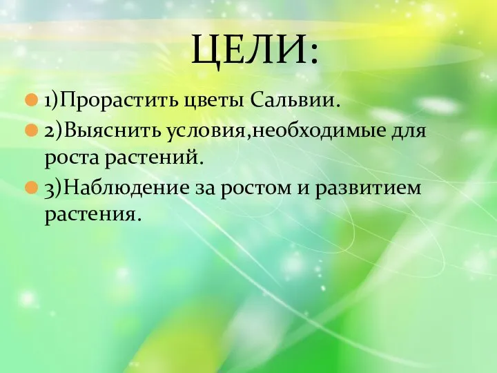 1)Прорастить цветы Сальвии. 2)Выяснить условия,необходимые для роста растений. 3)Наблюдение за ростом и развитием растения. ЦЕЛИ: