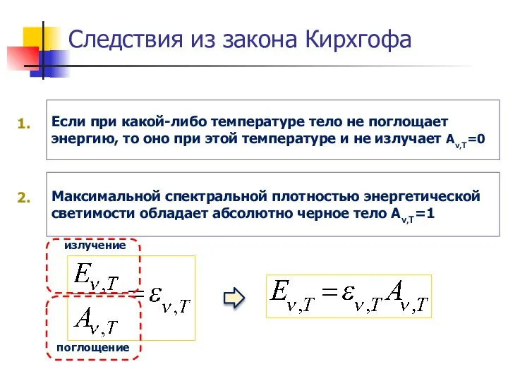 Следствия из закона Кирхгофа 1. излучение поглощение Максимальной спектральной плотностью энергетической