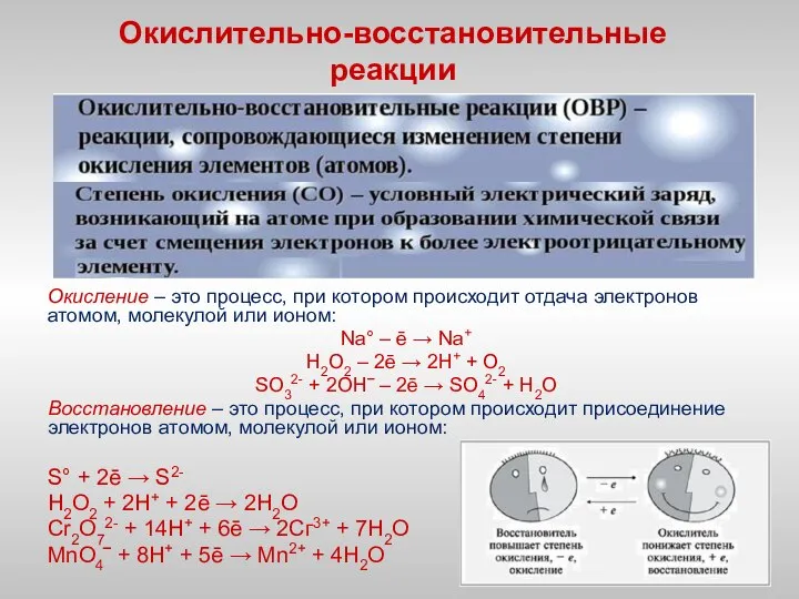 Окислительно-восстановительные реакции Окисление – это процесс, при котором происходит отдача электронов