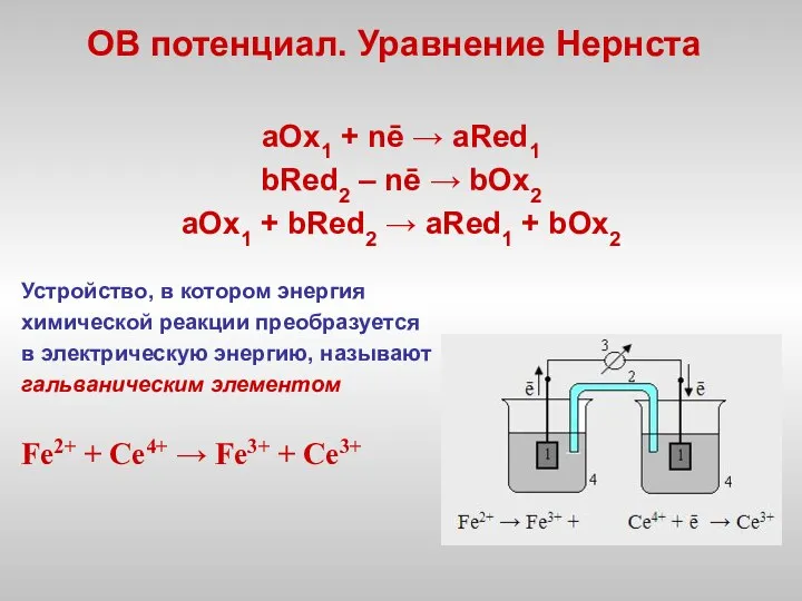 ОВ потенциал. Уравнение Нернста аОх1 + nē → аRed1 bRed2 –