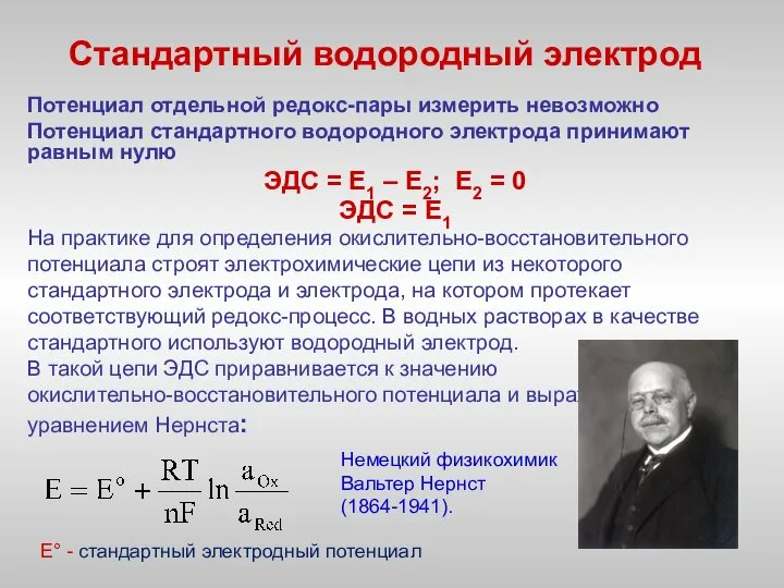 Стандартный водородный электрод Потенциал отдельной редокс-пары измерить невозможно Потенциал стандартного водородного