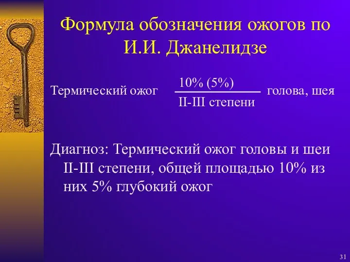 Формула обозначения ожогов по И.И. Джанелидзе Термический ожог голова, шея Диагноз:
