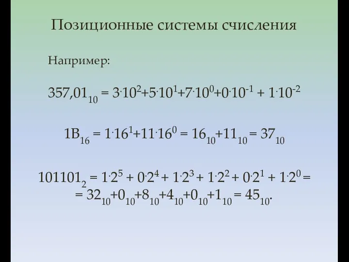 357,0110 = 3.102+5.101+7.100+0.10-1 + 1.10-2 Например: 1В16 = 1.161+11.160 = 1610+1110