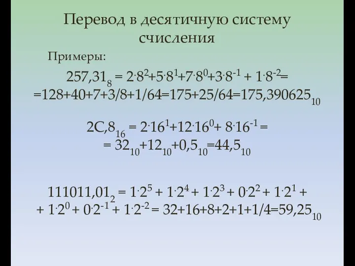 257,318 = 2.82+5.81+7.80+3.8-1 + 1.8-2= =128+40+7+3/8+1/64=175+25/64=175,39062510 Примеры: 2С,816 = 2.161+12.160+ 8.16-1