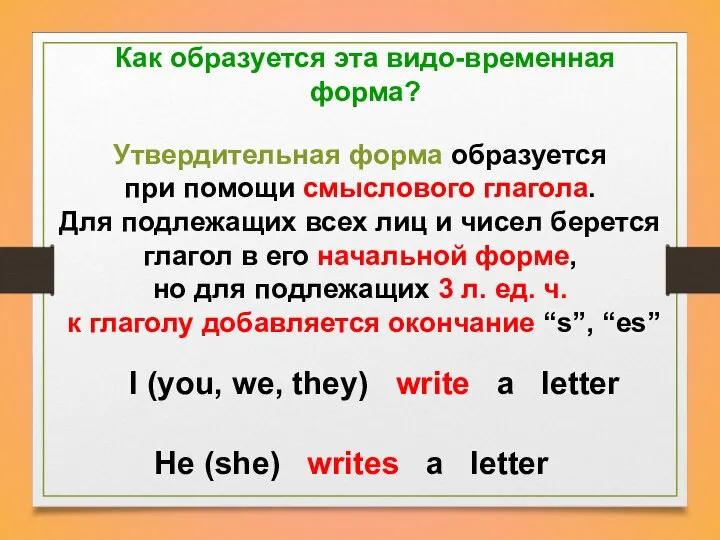 Как образуется эта видо-временная форма? Утвердительная форма образуется при помощи смыслового