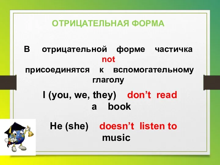 ОТРИЦАТЕЛЬНАЯ ФОРМА В отрицательной форме частичка not присоединятся к вспомогательному глаголу