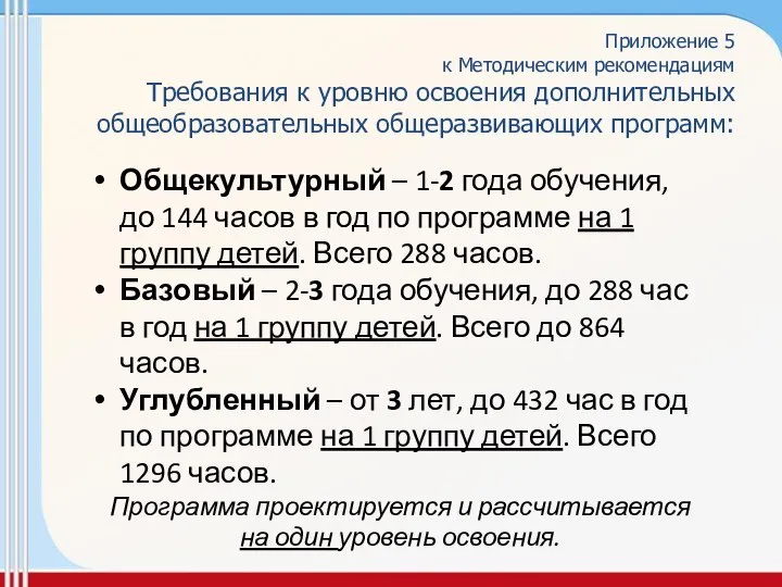 Приложение 5 к Методическим рекомендациям Требования к уровню освоения дополнительных общеобразовательных