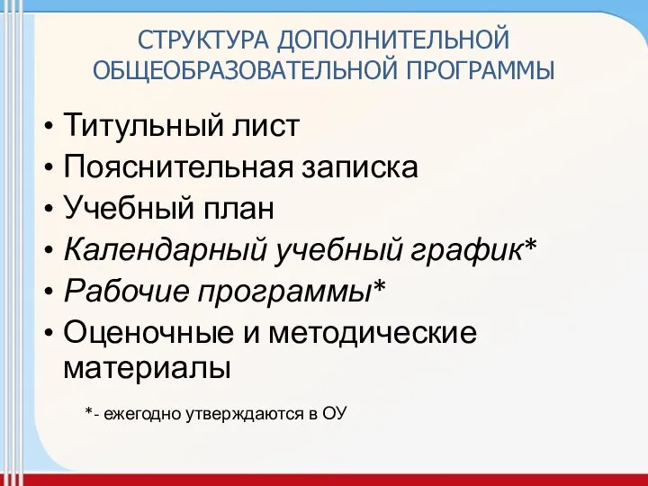 СТРУКТУРА ДОПОЛНИТЕЛЬНОЙ ОБЩЕОБРАЗОВАТЕЛЬНОЙ ПРОГРАММЫ Титульный лист Пояснительная записка Учебный план Календарный