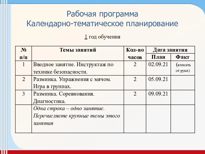 Рабочая программа Календарно-тематическое планирование 1 год обучения