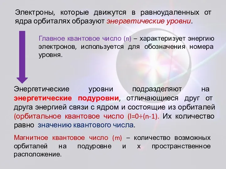 Электроны, которые движутся в равноудаленных от ядра орбиталях образуют энергетические уровни.