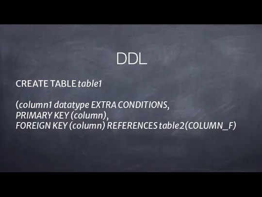 CREATE TABLE table1 (column1 datatype EXTRA CONDITIONS, PRIMARY KEY (column), FOREIGN KEY (column) REFERENCES table2(COLUMN_F) DDL