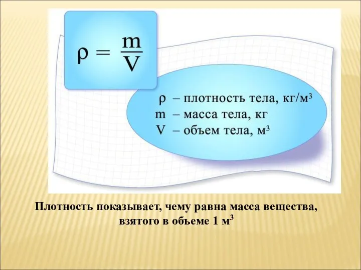 Плотность показывает, чему равна масса вещества, взятого в объеме 1 м3