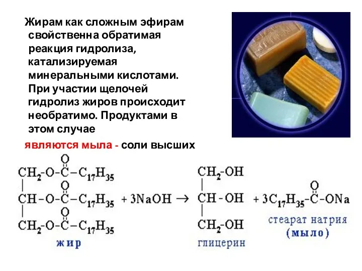 Жирам как сложным эфирам свойственна обратимая реакция гидролиза, катализируемая минеральными кислотами.