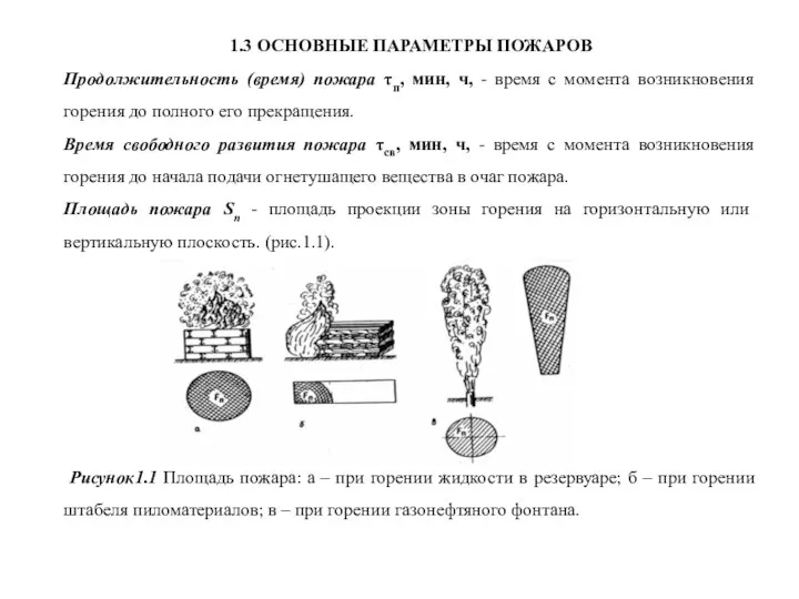 1.3 ОСНОВНЫЕ ПАРАМЕТРЫ ПОЖАРОВ Продолжительность (время) пожара τп, мин, ч, -