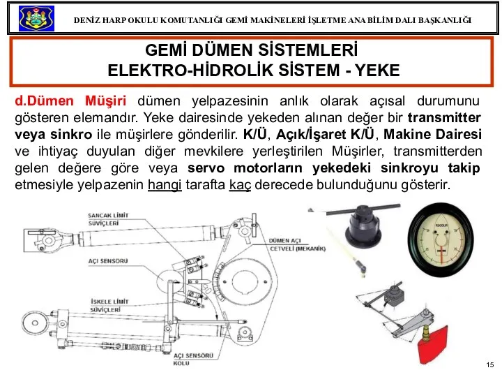 GEMİ DÜMEN SİSTEMLERİ ELEKTRO-HİDROLİK SİSTEM - YEKE d.Dümen Müşiri dümen yelpazesinin