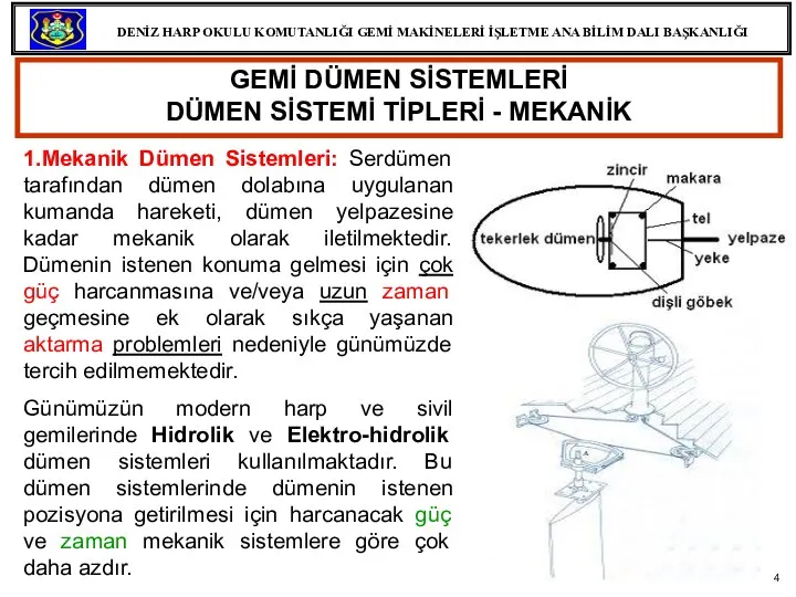 GEMİ DÜMEN SİSTEMLERİ DÜMEN SİSTEMİ TİPLERİ - MEKANİK 1.Mekanik Dümen Sistemleri: