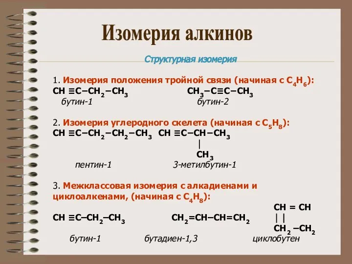 Изомерия алкинов Структурная изомерия 1. Изомерия положения тройной связи (начиная с