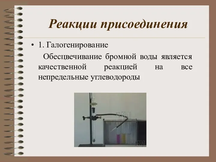 Реакции присоединения 1. Галогенирование Обесцвечивание бромной воды является качественной реакцией на все непредельные углеводороды