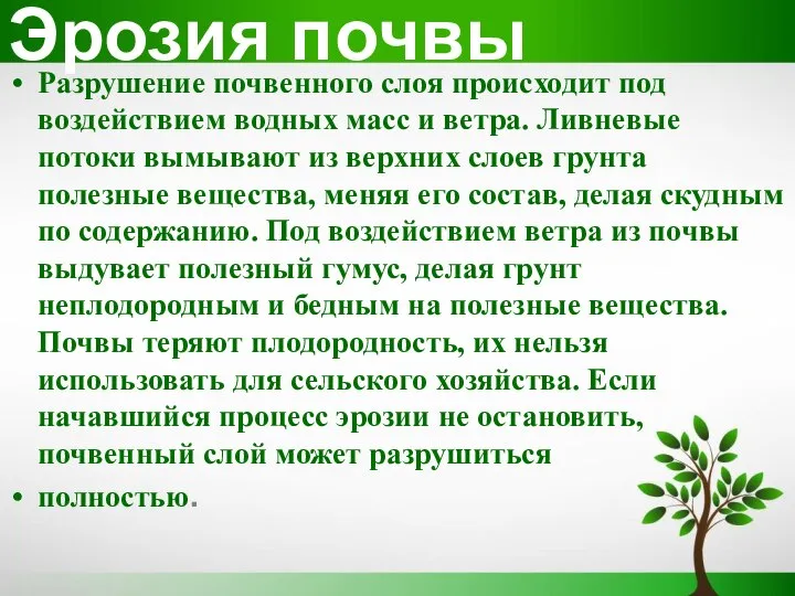 Эрозия почвы Разрушение почвенного слоя происходит под воздействием водных масс и