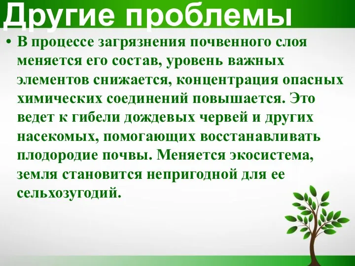 Другие проблемы В процессе загрязнения почвенного слоя меняется его состав, уровень