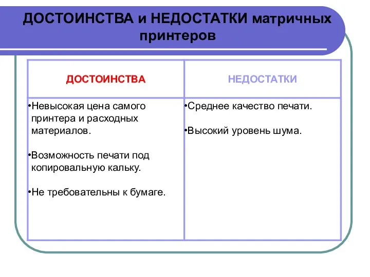 ДОСТОИНСТВА и НЕДОСТАТКИ матричных принтеров