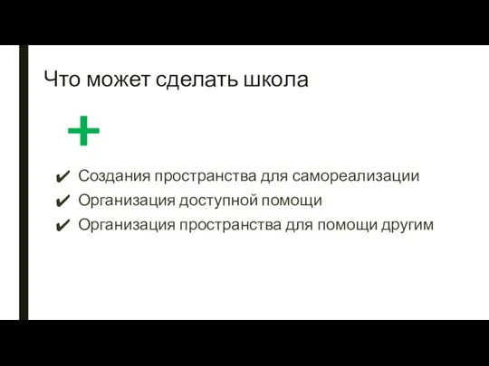 Что может сделать школа Создания пространства для самореализации Организация доступной помощи Организация пространства для помощи другим